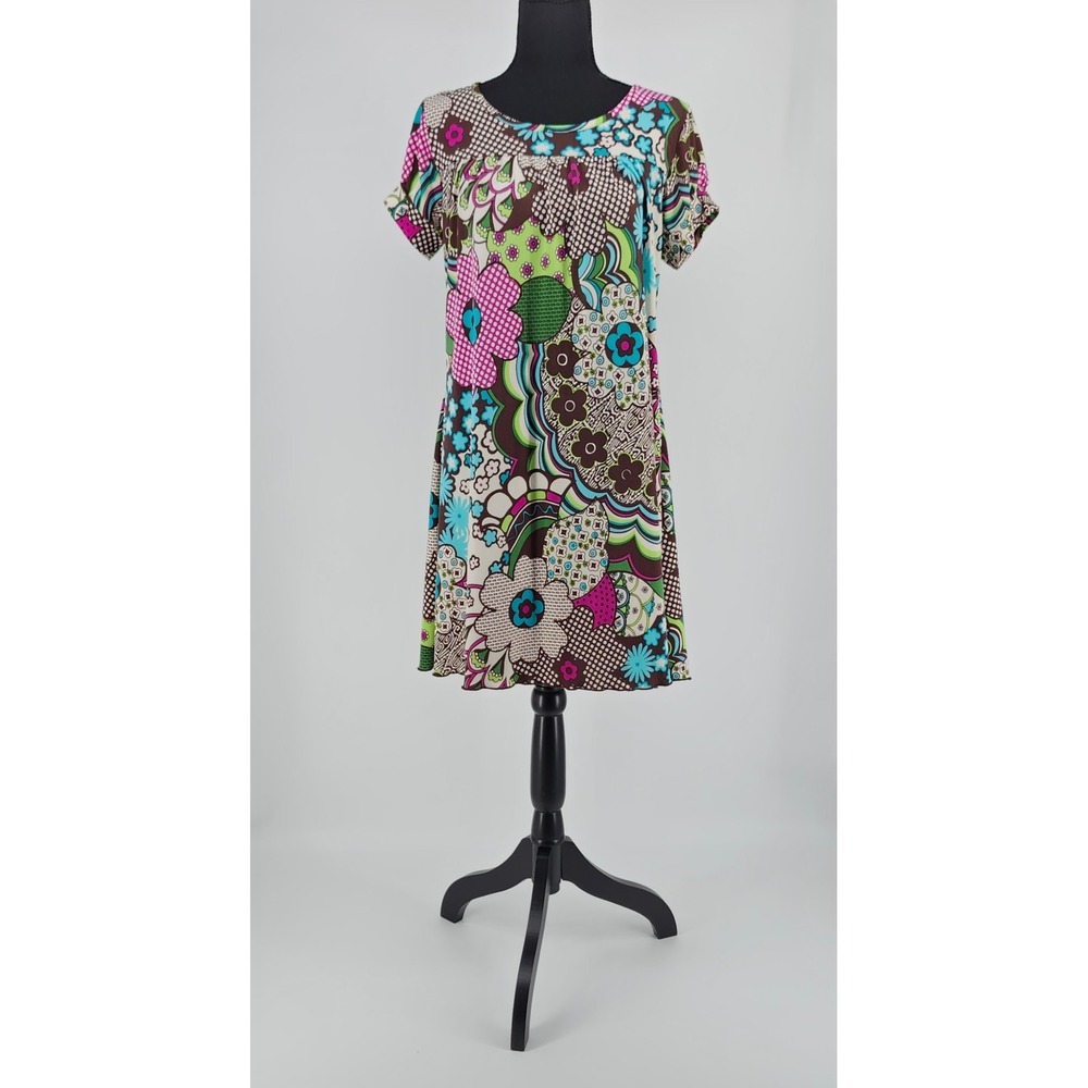 Volume One Womens Floral Patchwork Short Sleeve Scoop Neck Mini Dress Retro Y2k